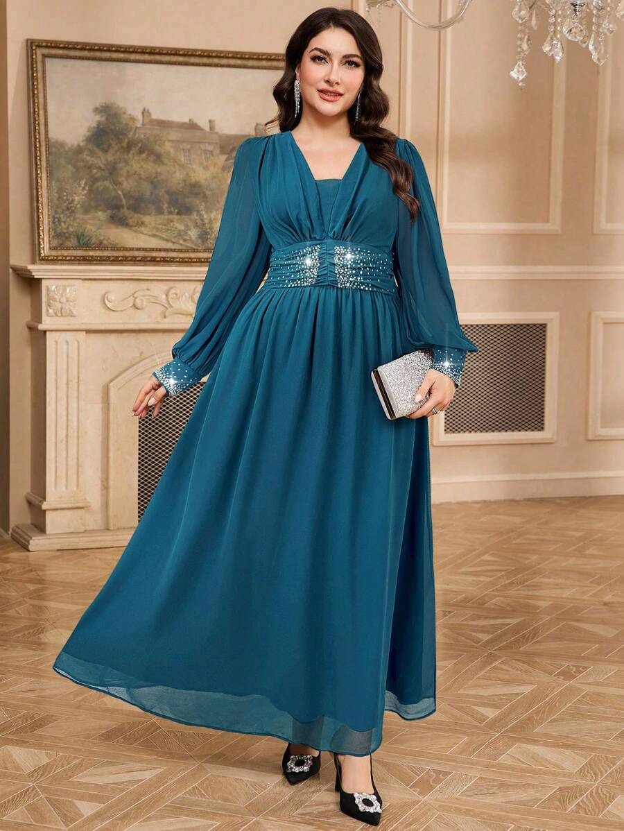Navy Blue Sequin Embellished V-Neck Long Sleeve Maxi Dress