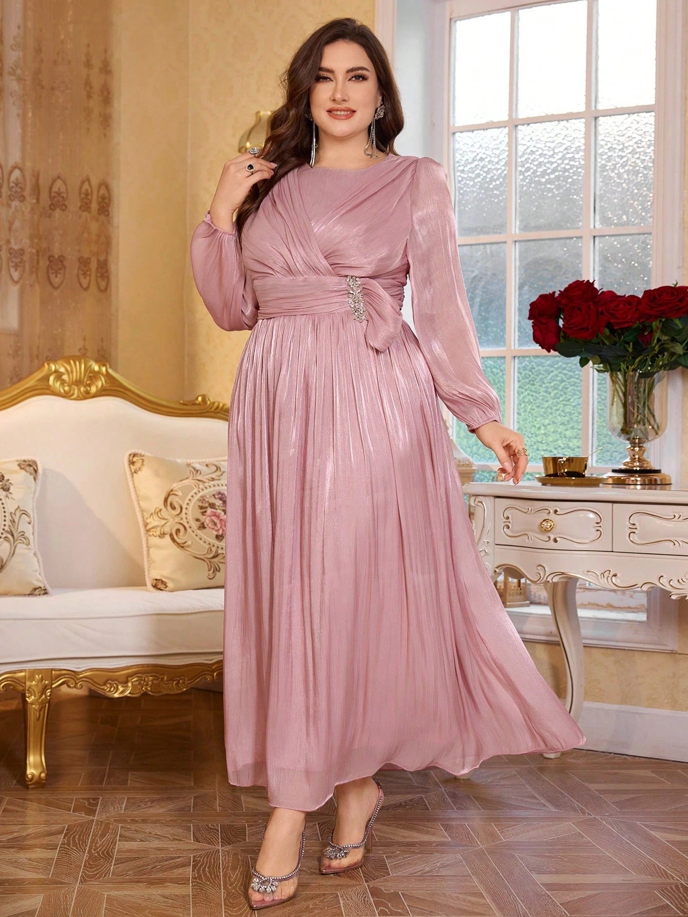 Steel Pink Elegant Shimmer Evening Gown for Women | Formal & Party Wear Dress