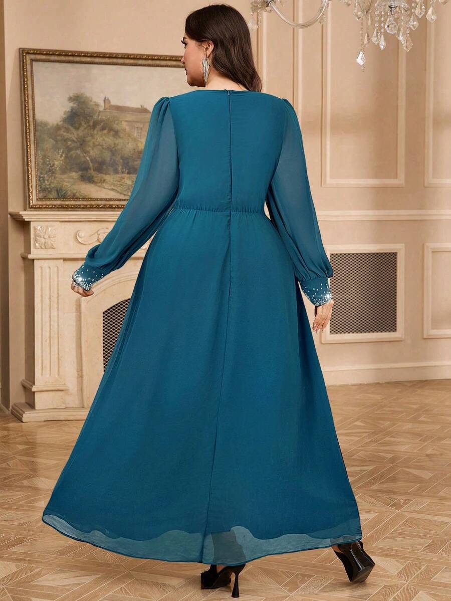 Navy Blue Sequin Embellished V-Neck Long Sleeve Maxi Dress