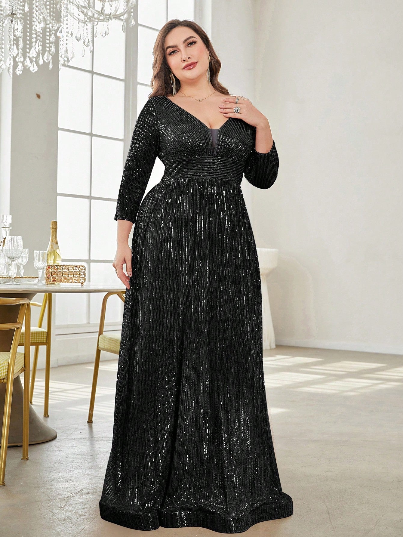 Black Sequin Maxi Gown with V-Neck – Luxury Party & Evening Wear