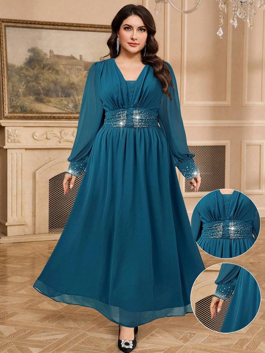 Navy Blue Sequin Embellished V-Neck Long Sleeve Maxi Dress