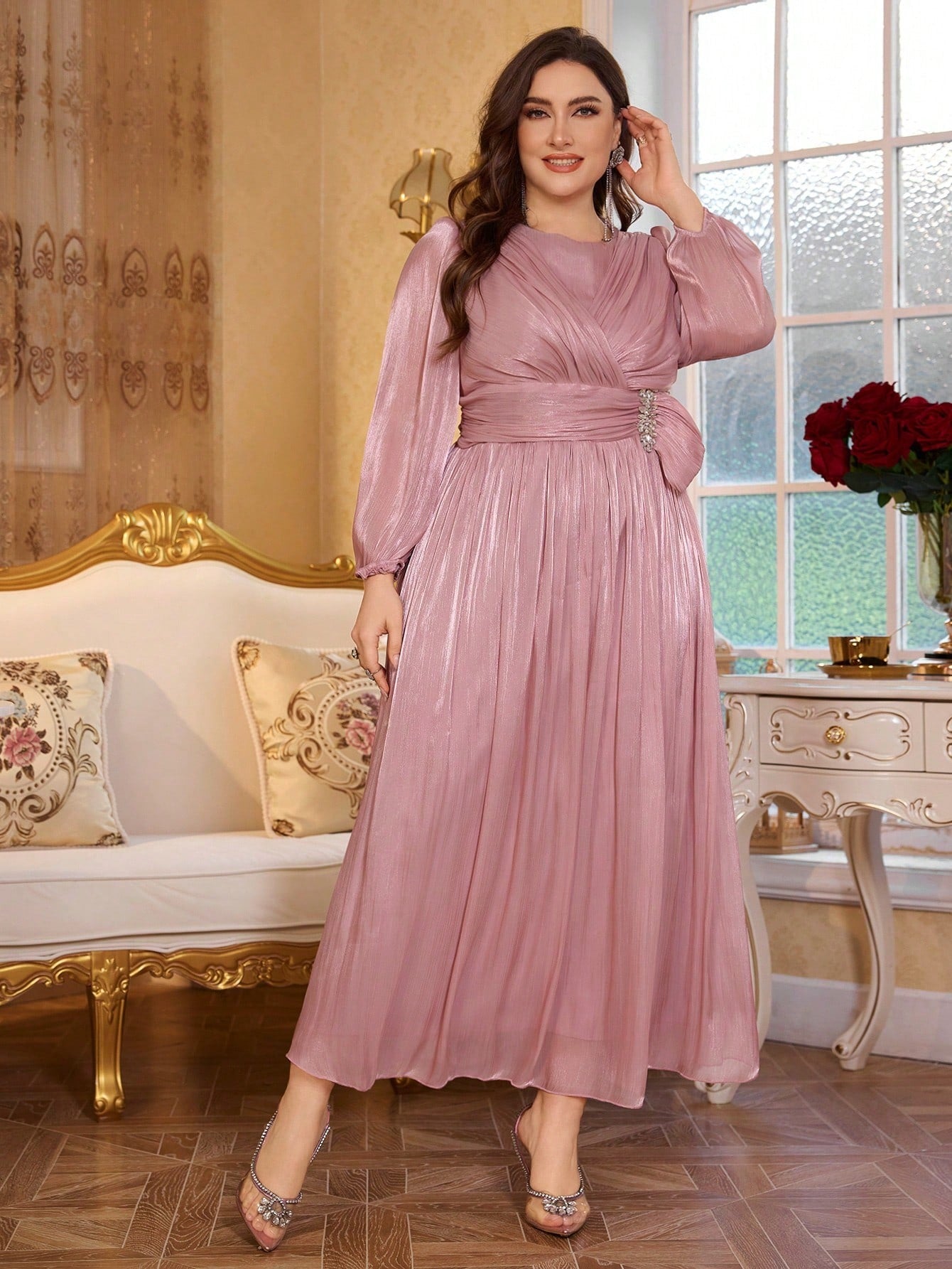 Steel Pink Elegant Shimmer Evening Gown for Women | Formal & Party Wear Dress