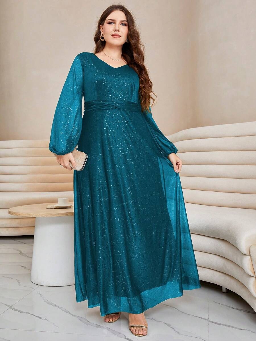 Luxury Green Sequin Embellished Flared Gown with Full Sleeves