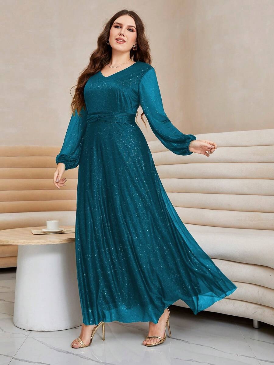 Luxury Green Sequin Embellished Flared Gown with Full Sleeves