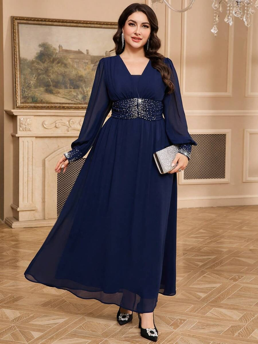Blue Sequin Embellished V-Neck Long Sleeve Maxi Dress