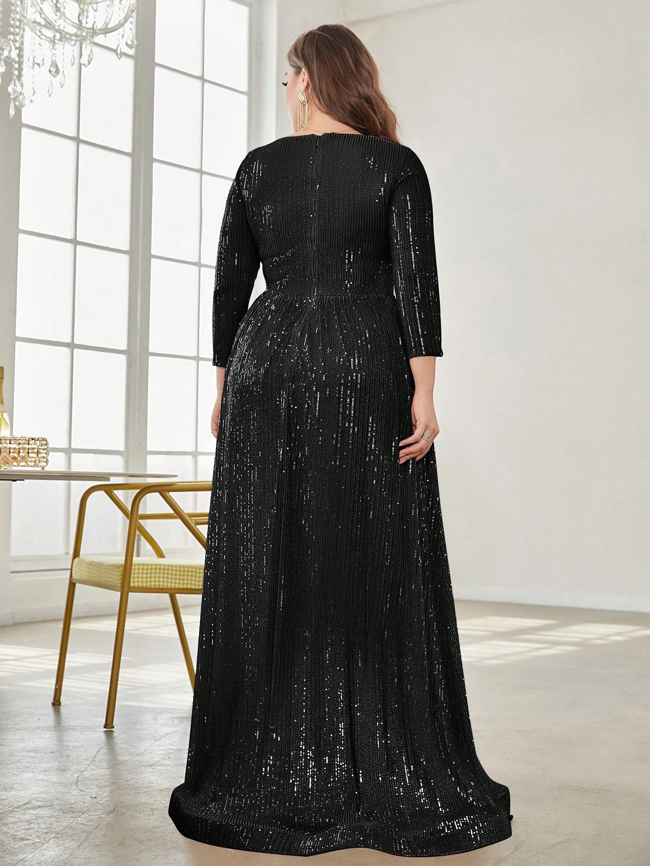 Black Sequin Maxi Gown with V-Neck – Luxury Party & Evening Wear