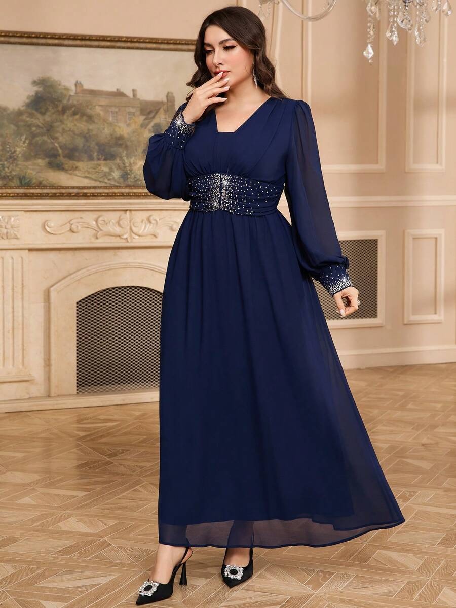 Blue Sequin Embellished V-Neck Long Sleeve Maxi Dress