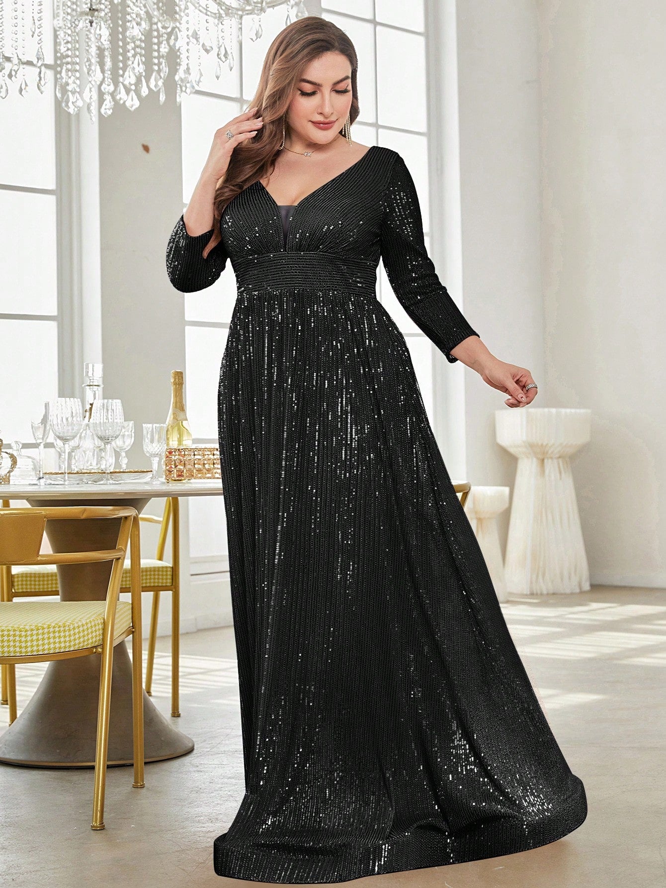 Black Sequin Maxi Gown with V-Neck – Luxury Party & Evening Wear