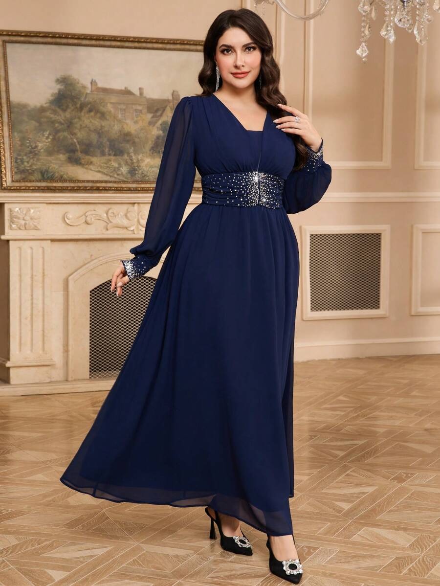 Blue Sequin Embellished V-Neck Long Sleeve Maxi Dress