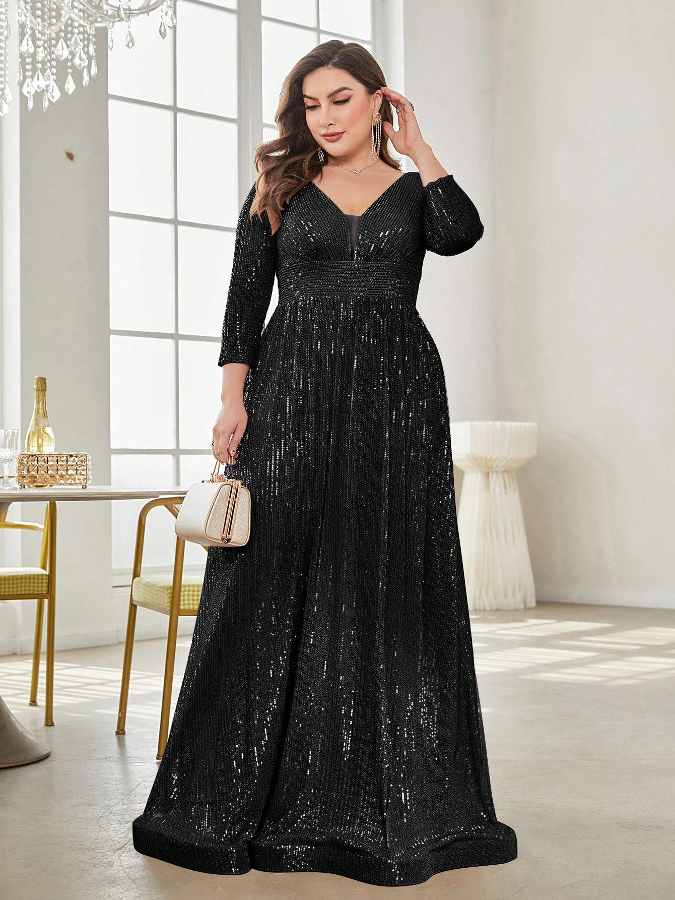 Black Sequin Maxi Gown with V-Neck – Luxury Party & Evening Wear