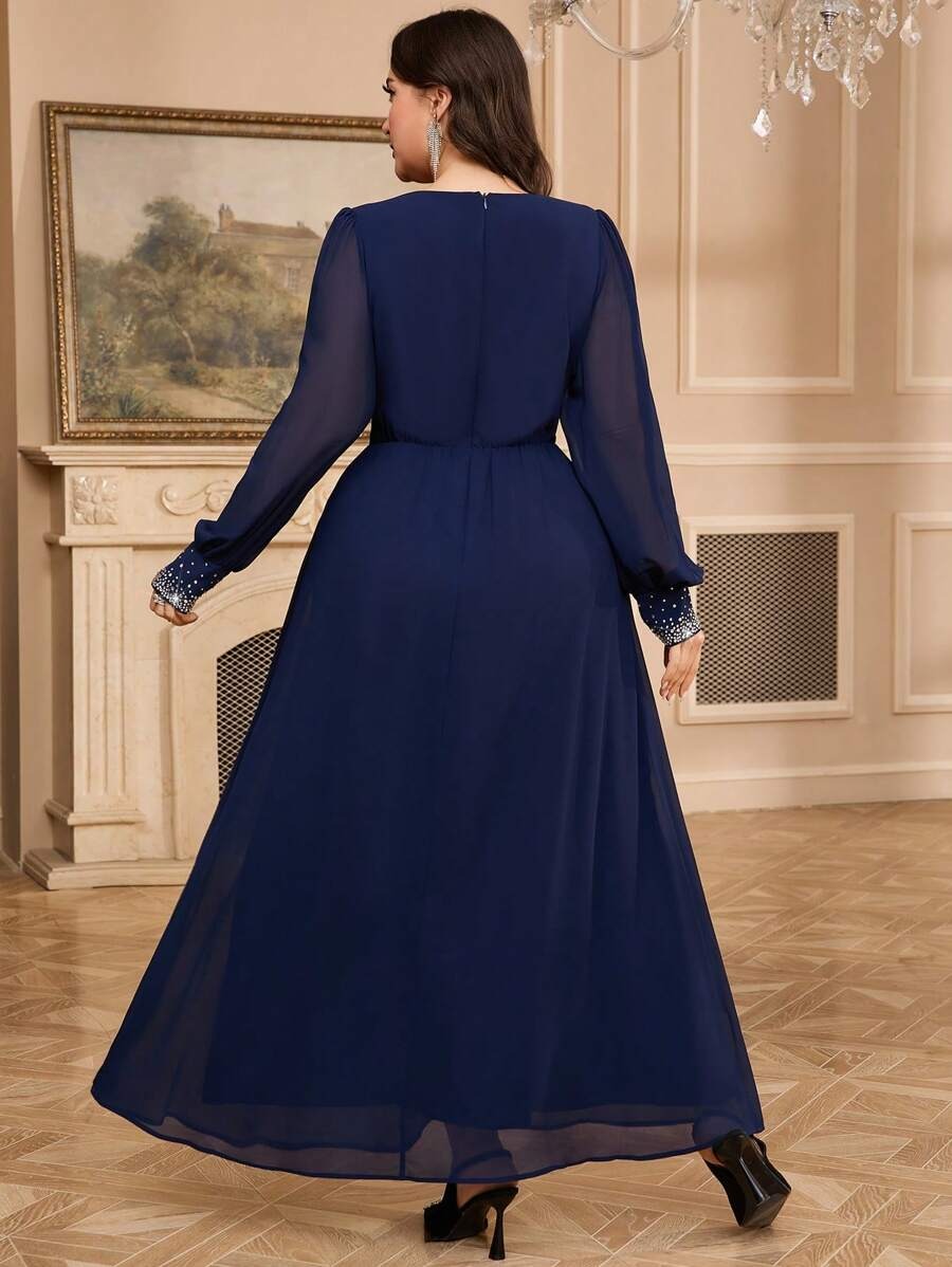 Blue Sequin Embellished V-Neck Long Sleeve Maxi Dress