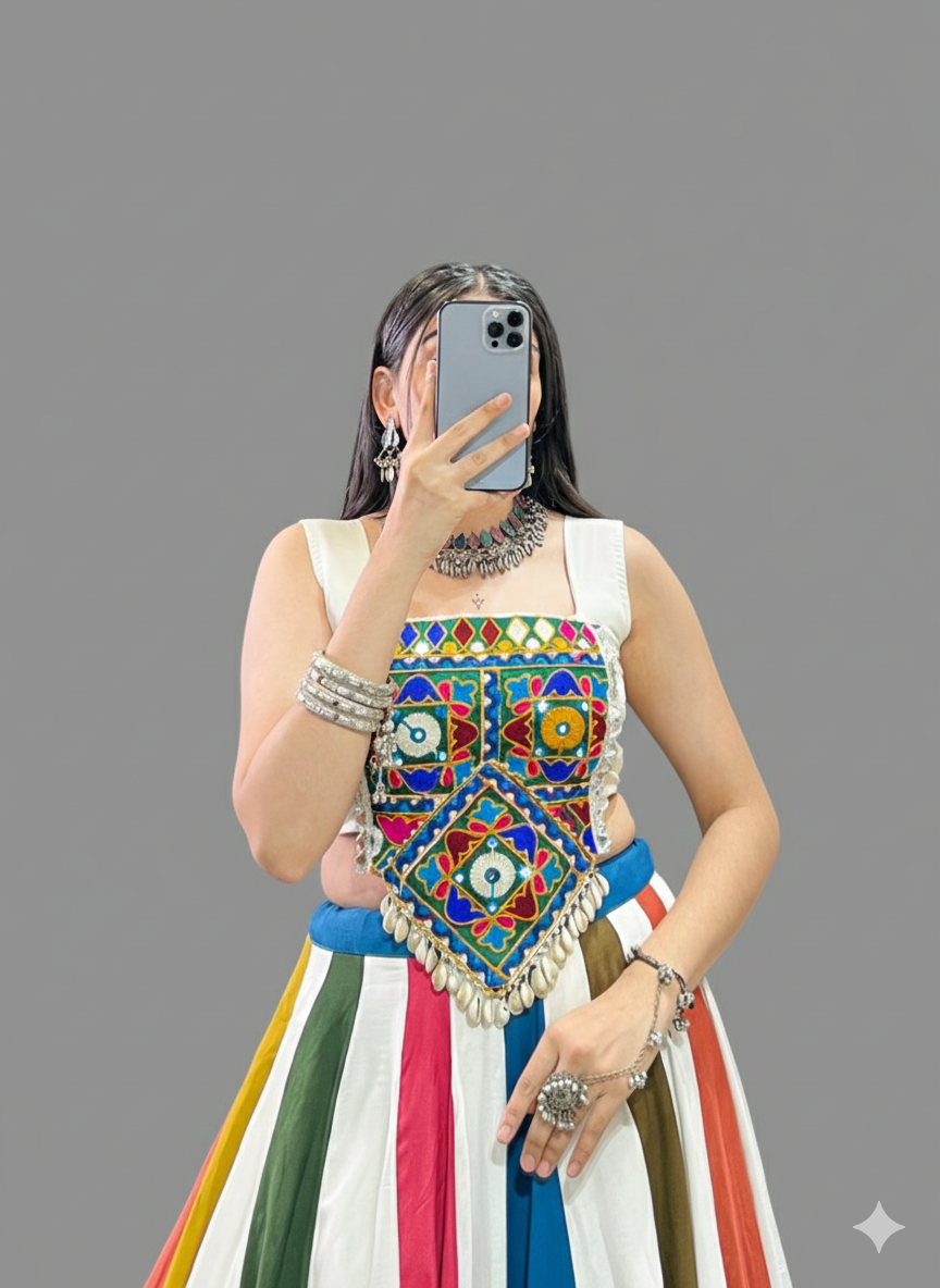 Vibrant Multi-Color Pure Rayon Gamthi Navratri Lehenga Choli