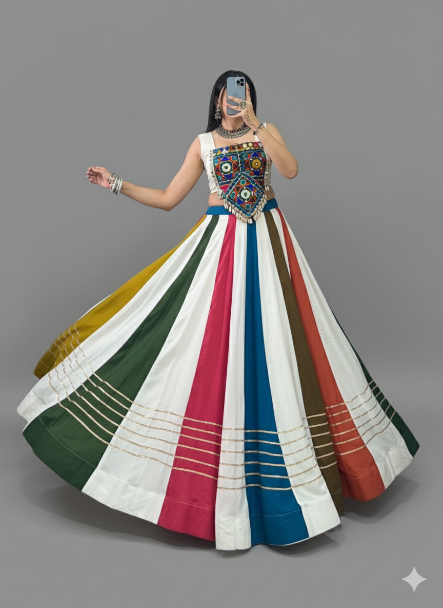 Vibrant Multi-Color Pure Rayon Gamthi Navratri Lehenga Choli