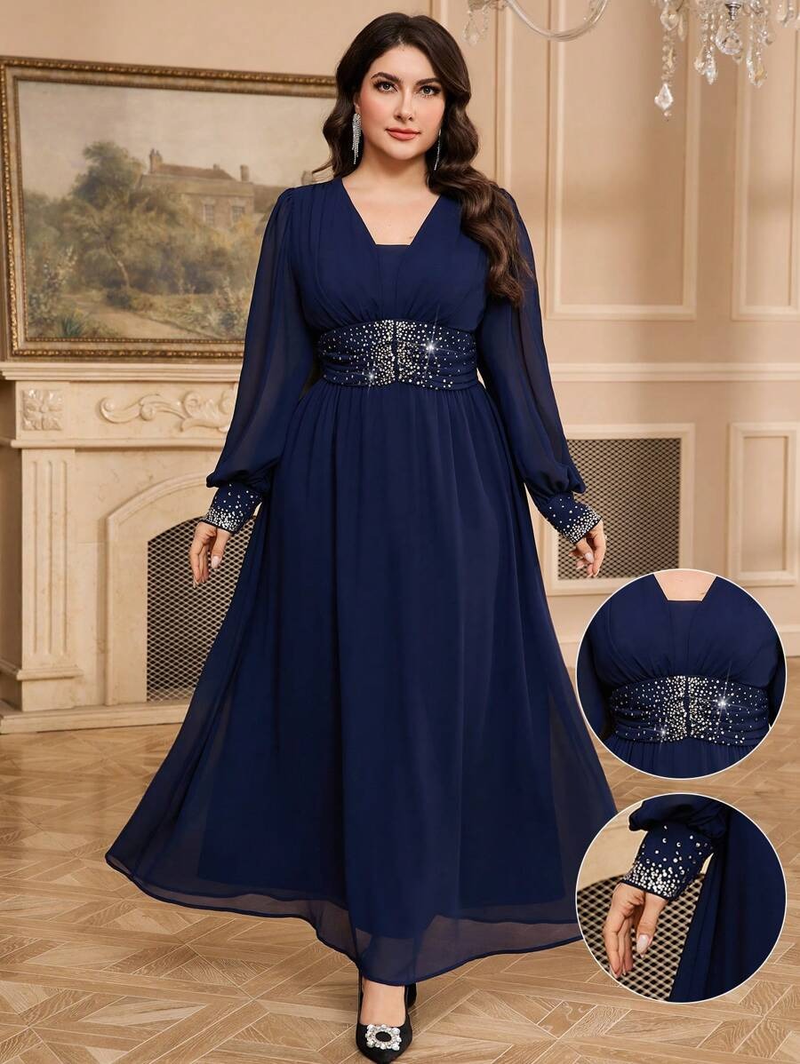 Blue Sequin Embellished V-Neck Long Sleeve Maxi Dress