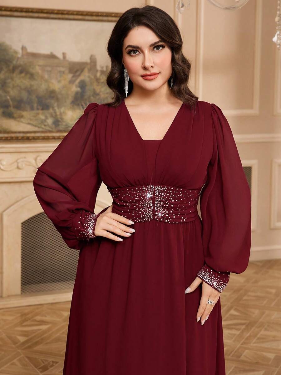 Maroon Sequin Embellished V-Neck Long Sleeve Maxi Dress