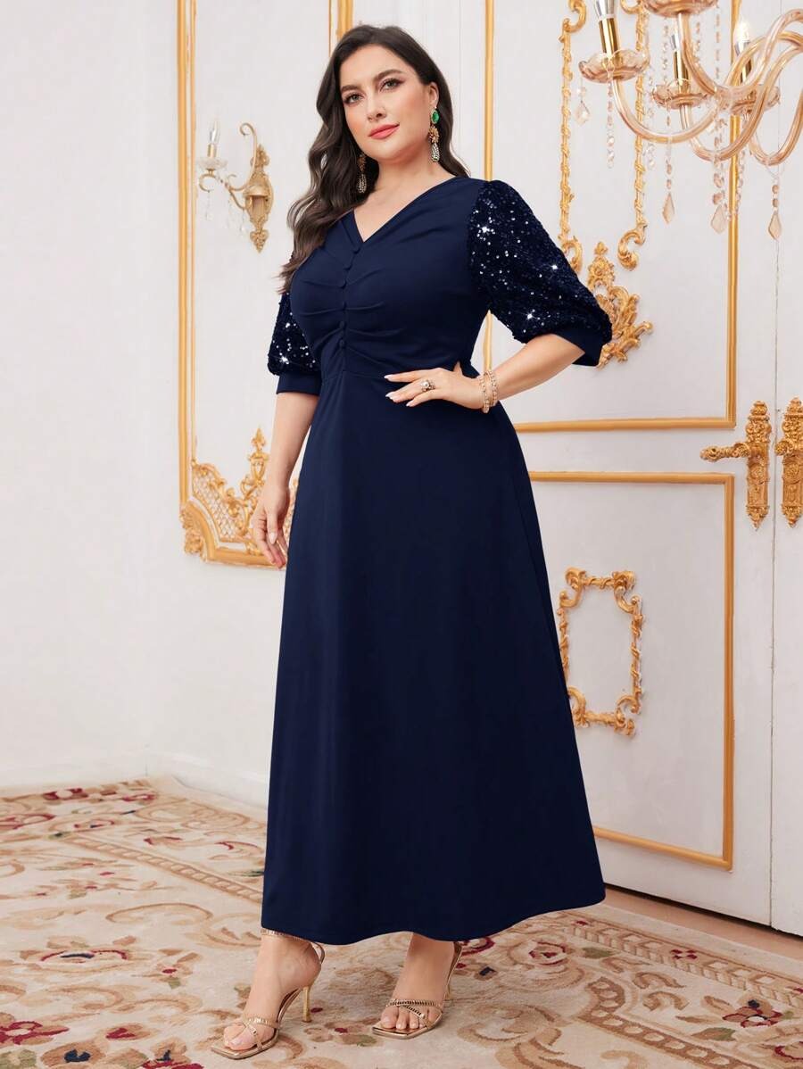 Navy Blue Sequin Embellished V-Neck Long Sleeve Maxi Dress