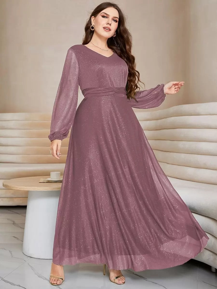 Luxury Pink Sequin Embellished Flared Gown with Full Sleeves