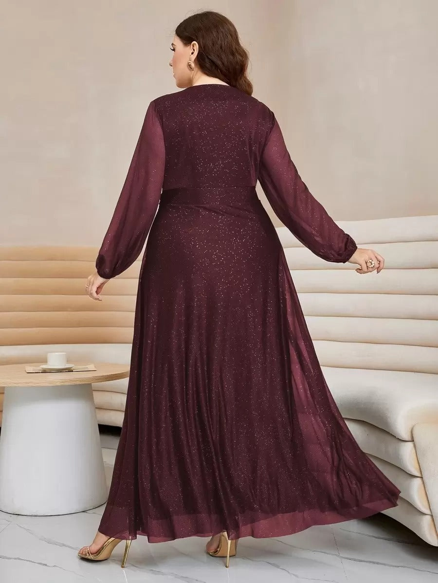 Maroon Sequin Embellished Flared Gown with Full Sleeves