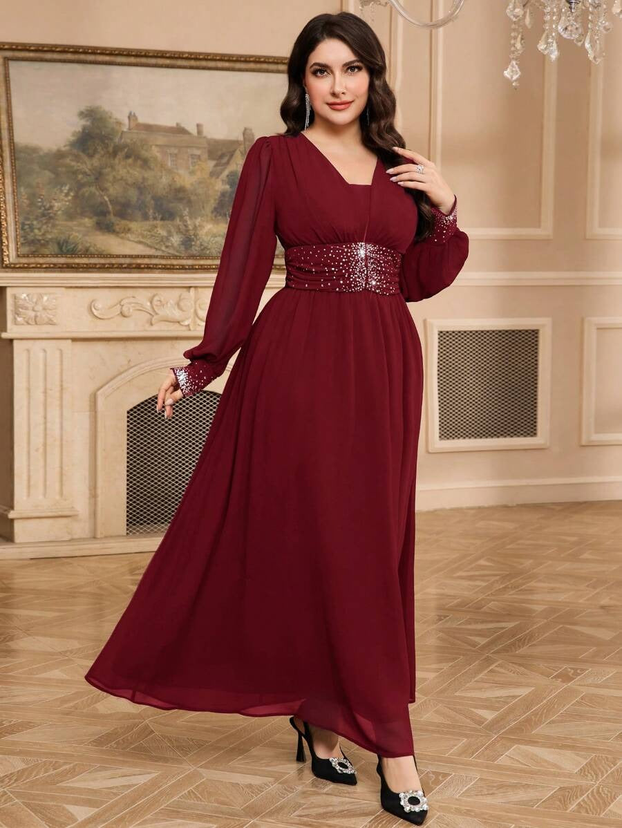 Maroon Sequin Embellished V-Neck Long Sleeve Maxi Dress