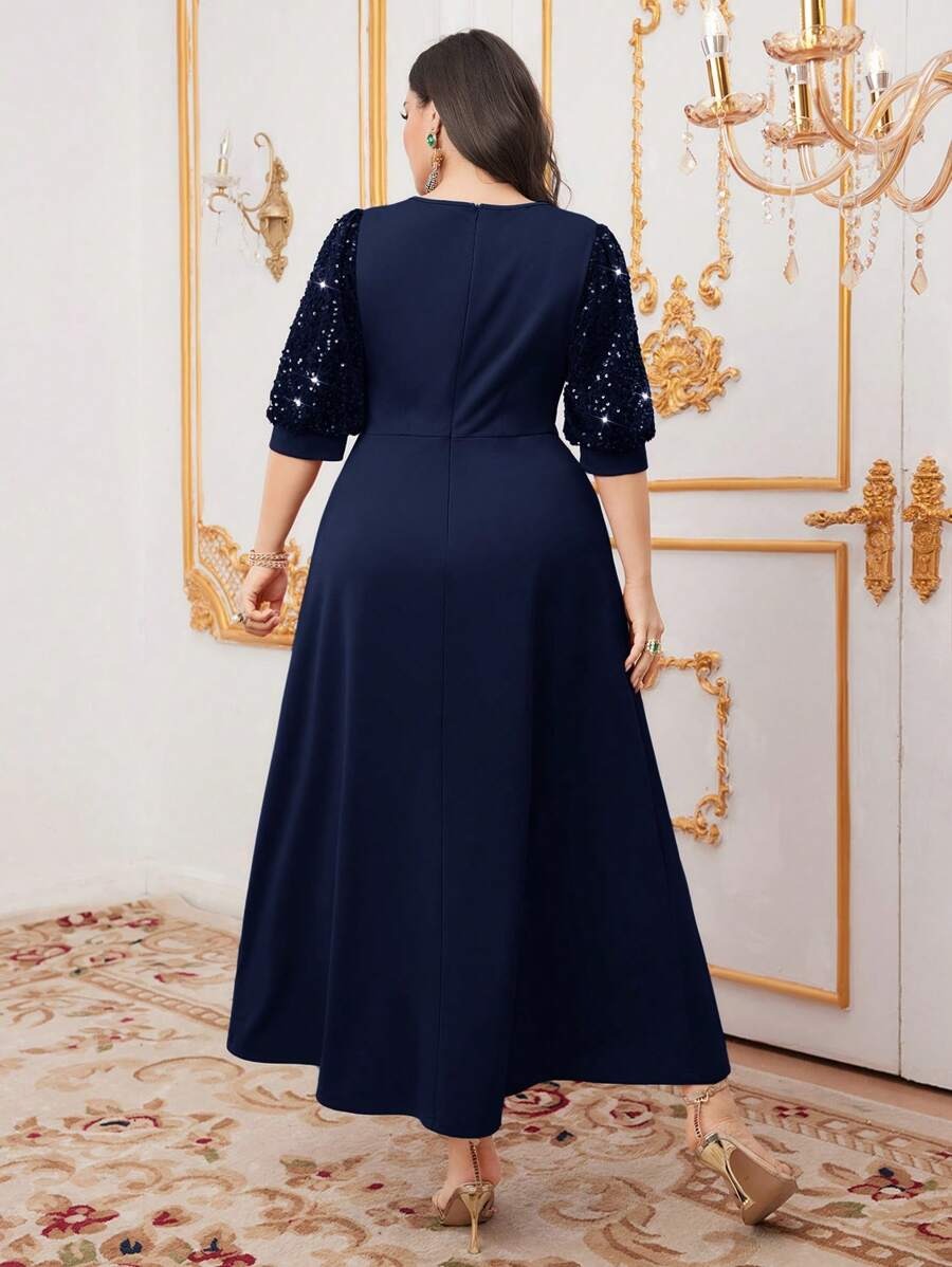 Navy Blue Sequin Embellished V-Neck Long Sleeve Maxi Dress
