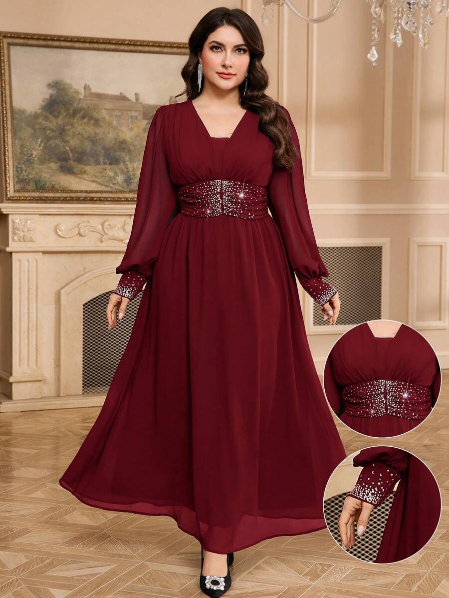 Maroon Sequin Embellished V-Neck Long Sleeve Maxi Dress