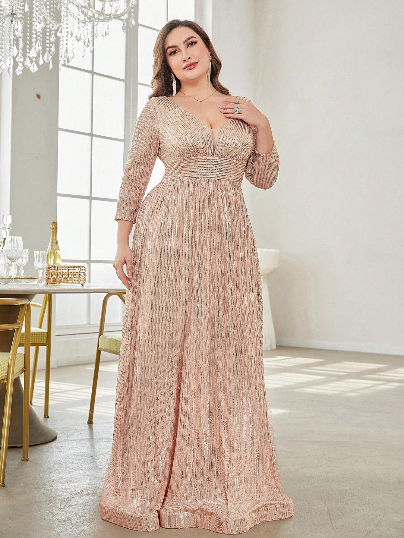 V-Neck Long Sleeves Sequins Evening Dress
