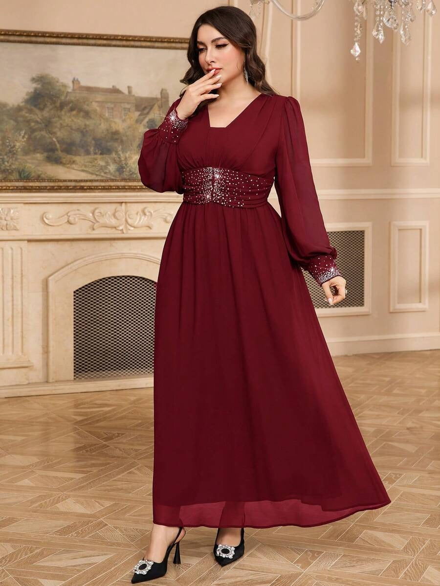 Maroon Sequin Embellished V-Neck Long Sleeve Maxi Dress