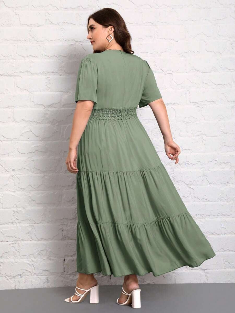 Elegant Green Lace Detail Maxi Dress for Women | Party & Casual Wear