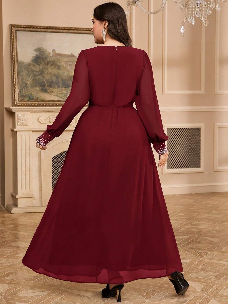 Maroon Sequin Embellished V-Neck Long Sleeve Maxi Dress