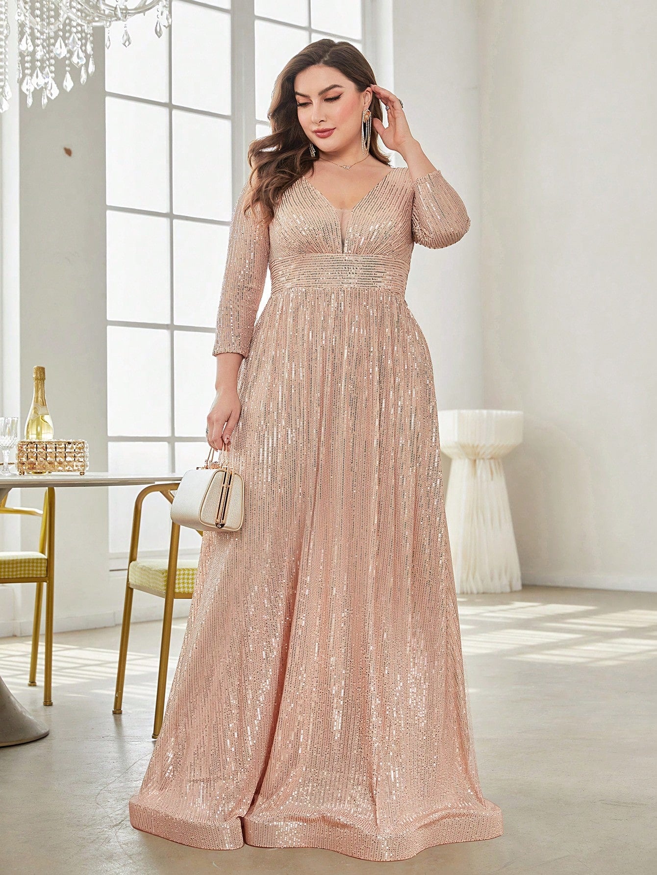 V-Neck Long Sleeves Sequins Evening Dress