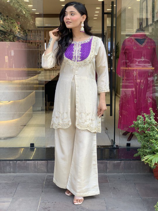 White Embroidered Kurta Set with Floral Printed Dupatta