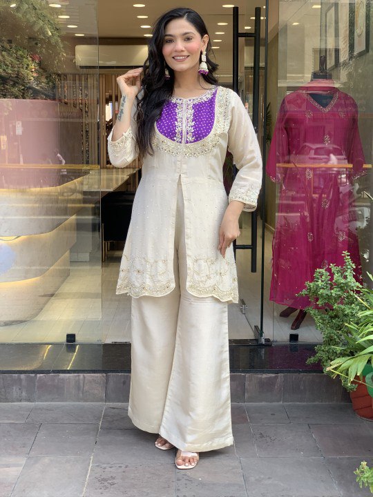White Embroidered Kurta Set with Floral Printed Dupatta