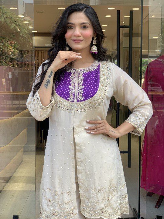 White Embroidered Kurta Set with Floral Printed Dupatta