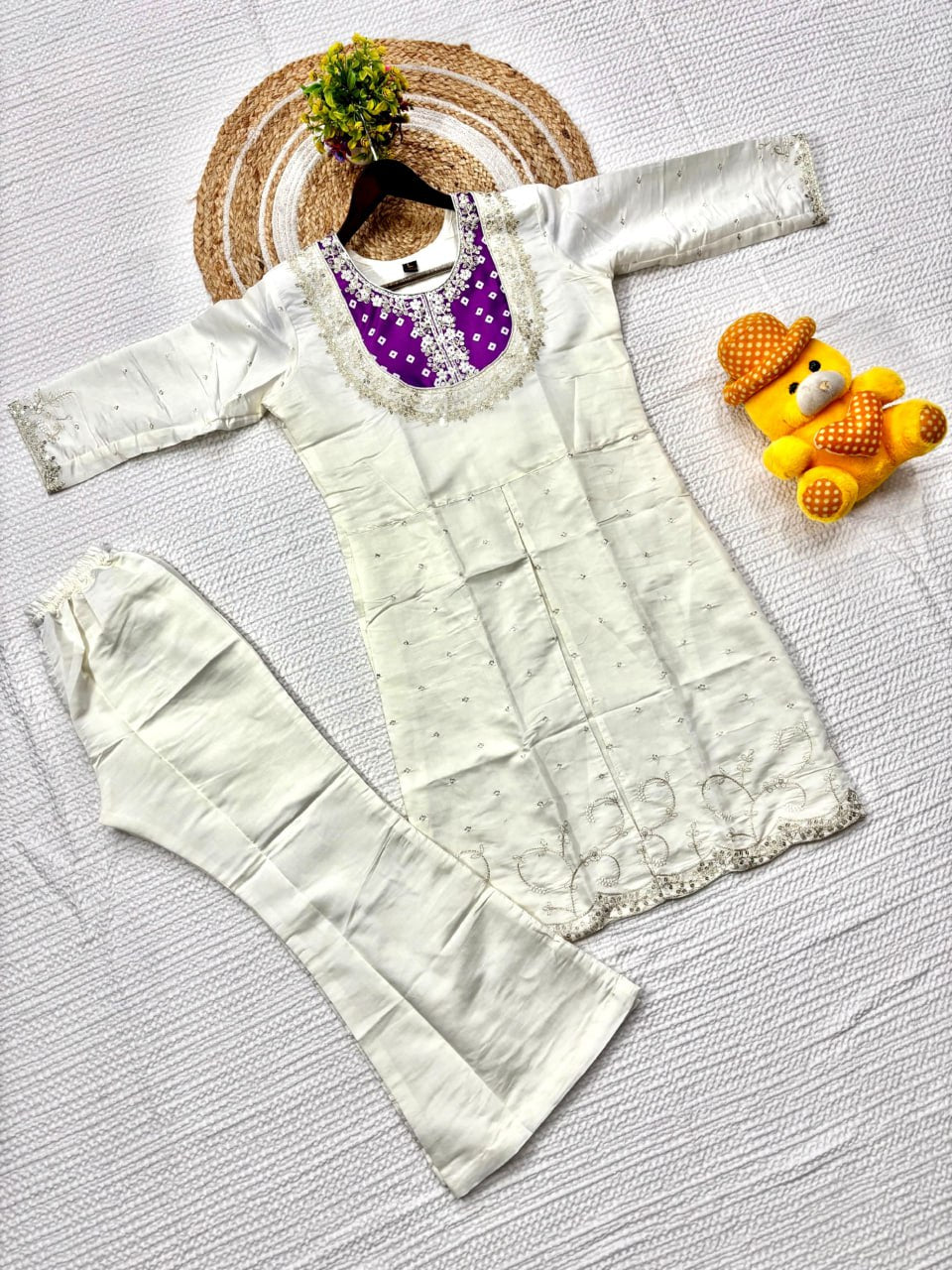 White Embroidered Kurta Set with Floral Printed Dupatta