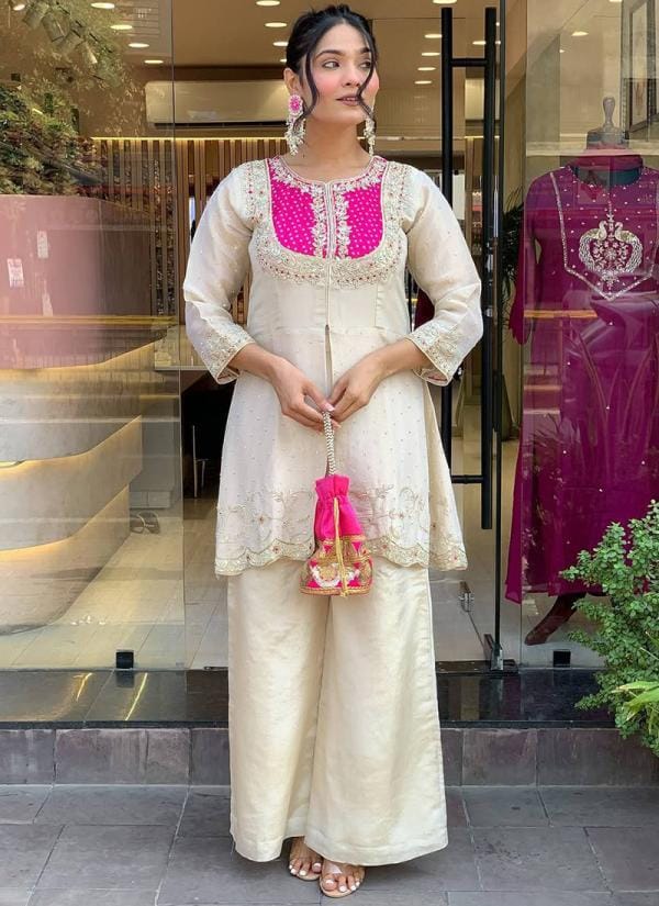 White Embroidered Kurta Set with Floral Printed Dupatta