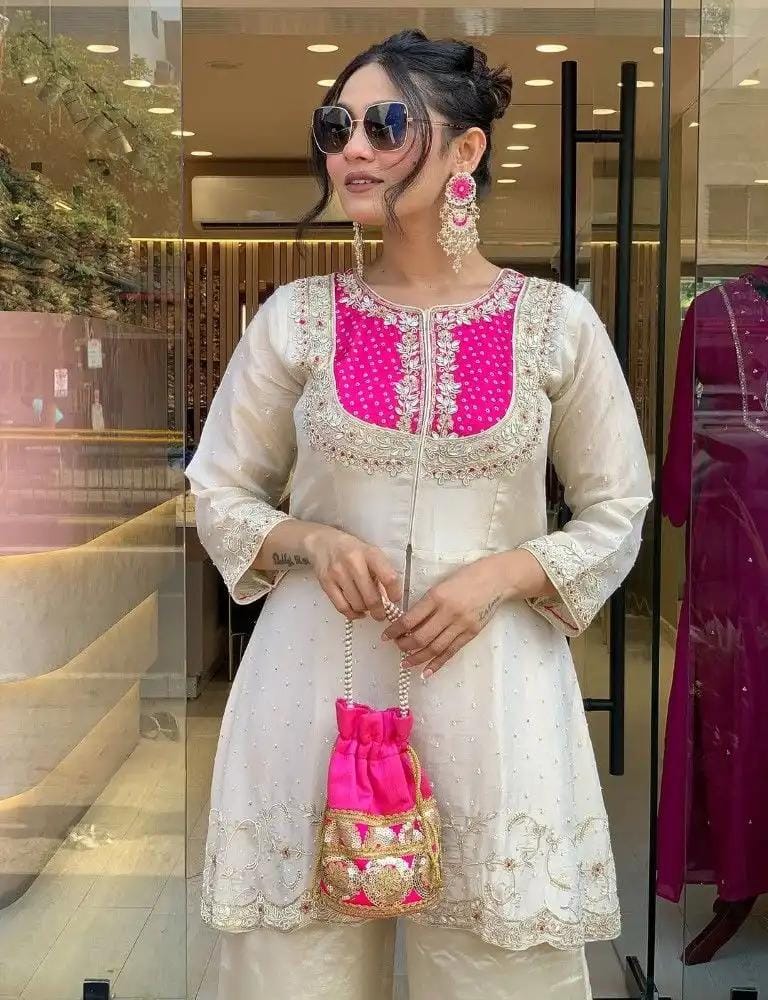 White Embroidered Kurta Set with Floral Printed Dupatta