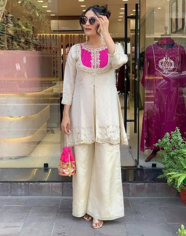 White Embroidered Kurta Set with Floral Printed Dupatta