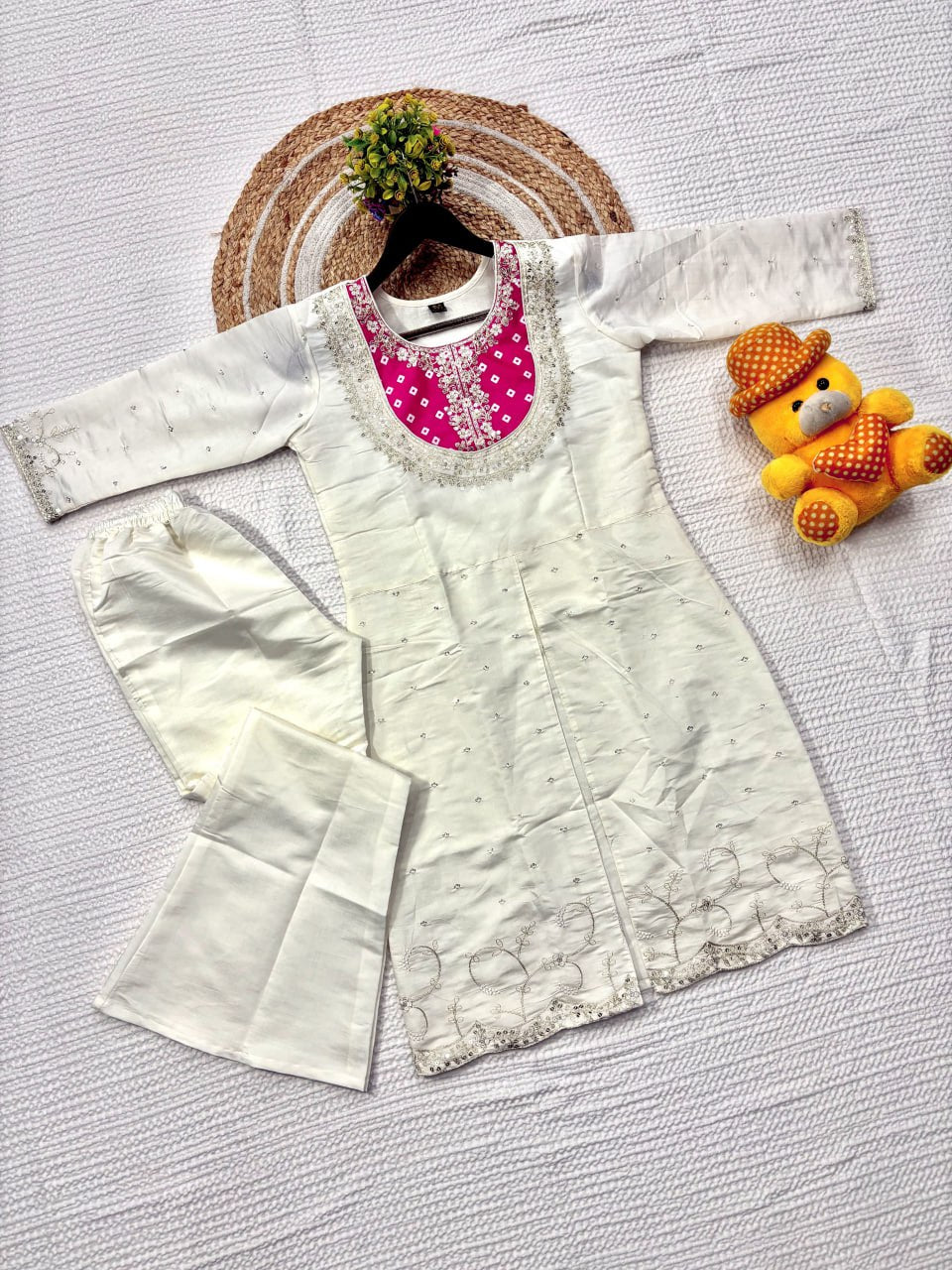 White Embroidered Kurta Set with Floral Printed Dupatta