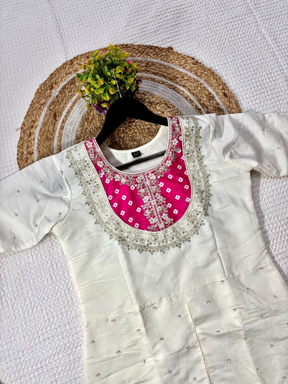 White Embroidered Kurta Set with Floral Printed Dupatta