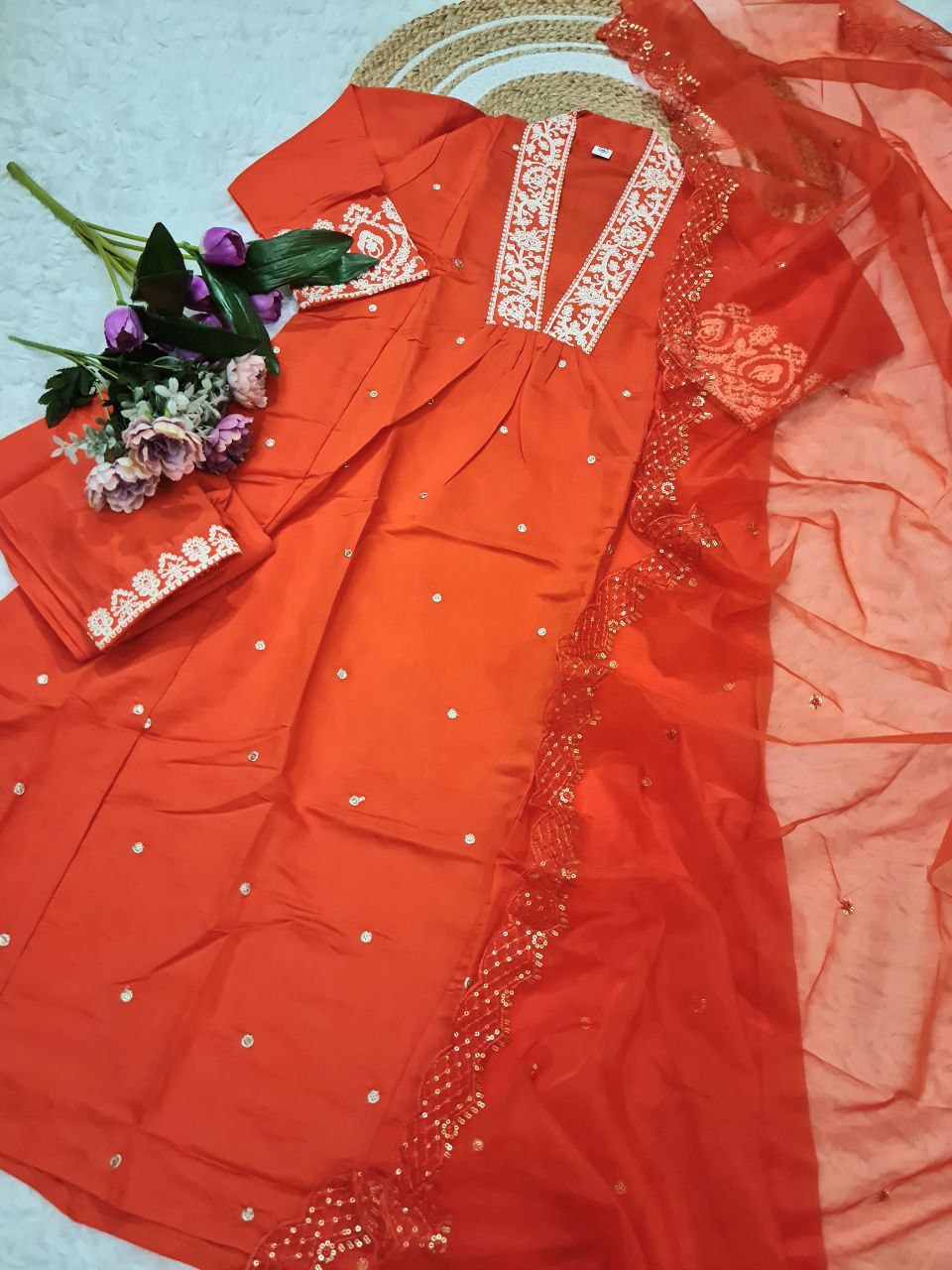 Pink Embroidered Kurta Set with Floral Printed Dupatta