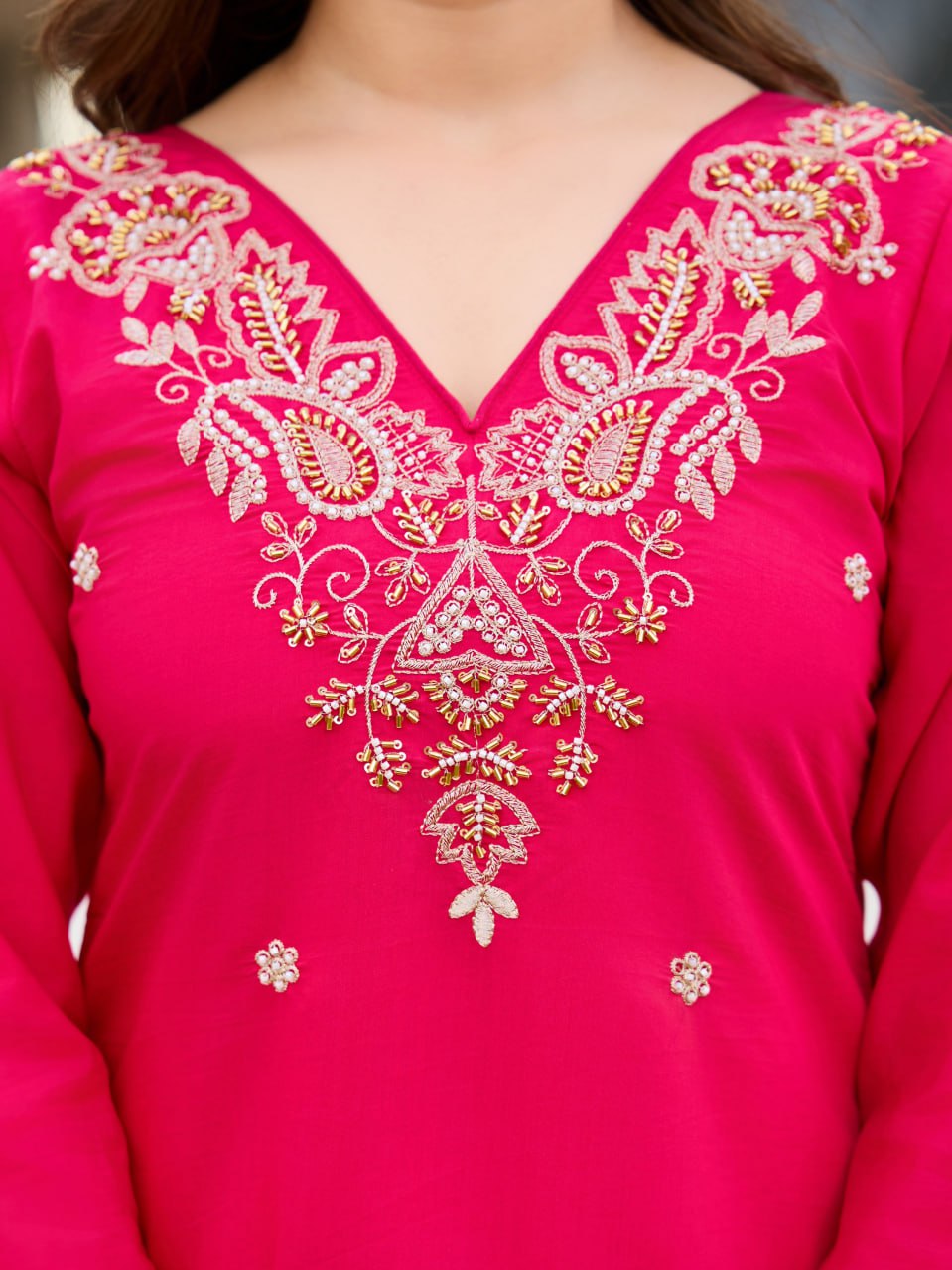 Rani Pink Embroidered Kurta Set with Floral Printed Dupatta