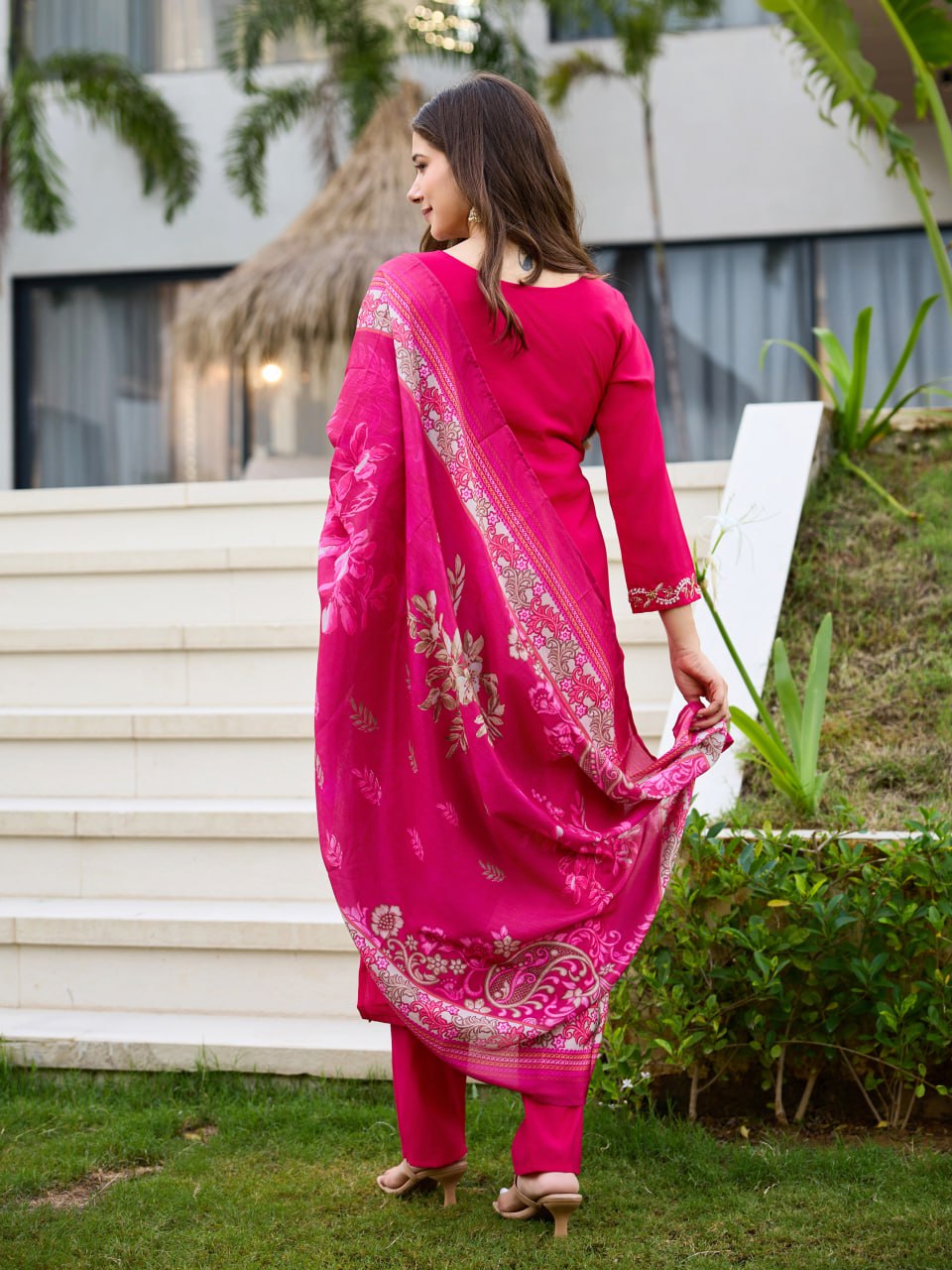 Rani Pink Embroidered Kurta Set with Floral Printed Dupatta