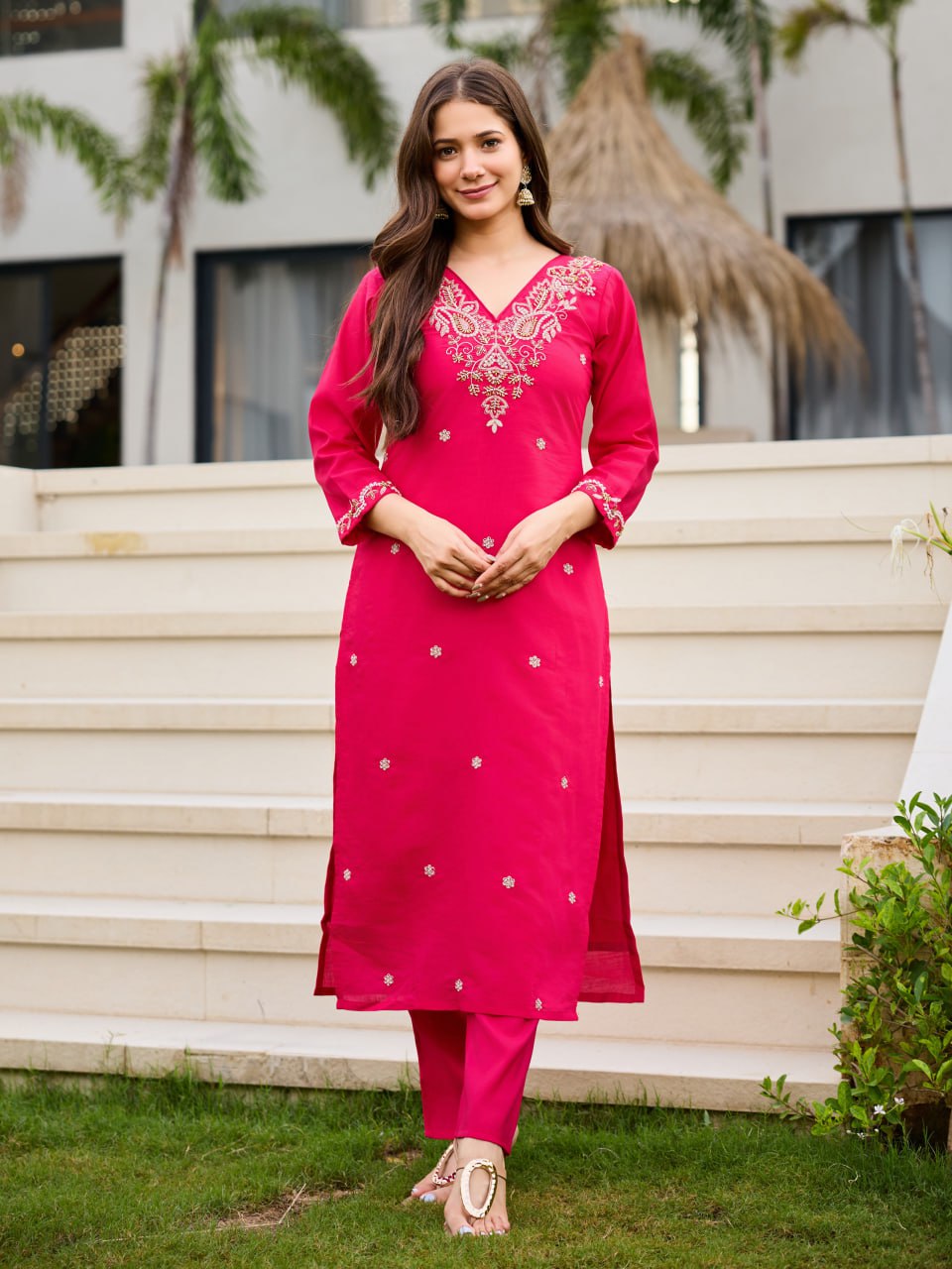 Rani Pink Embroidered Kurta Set with Floral Printed Dupatta