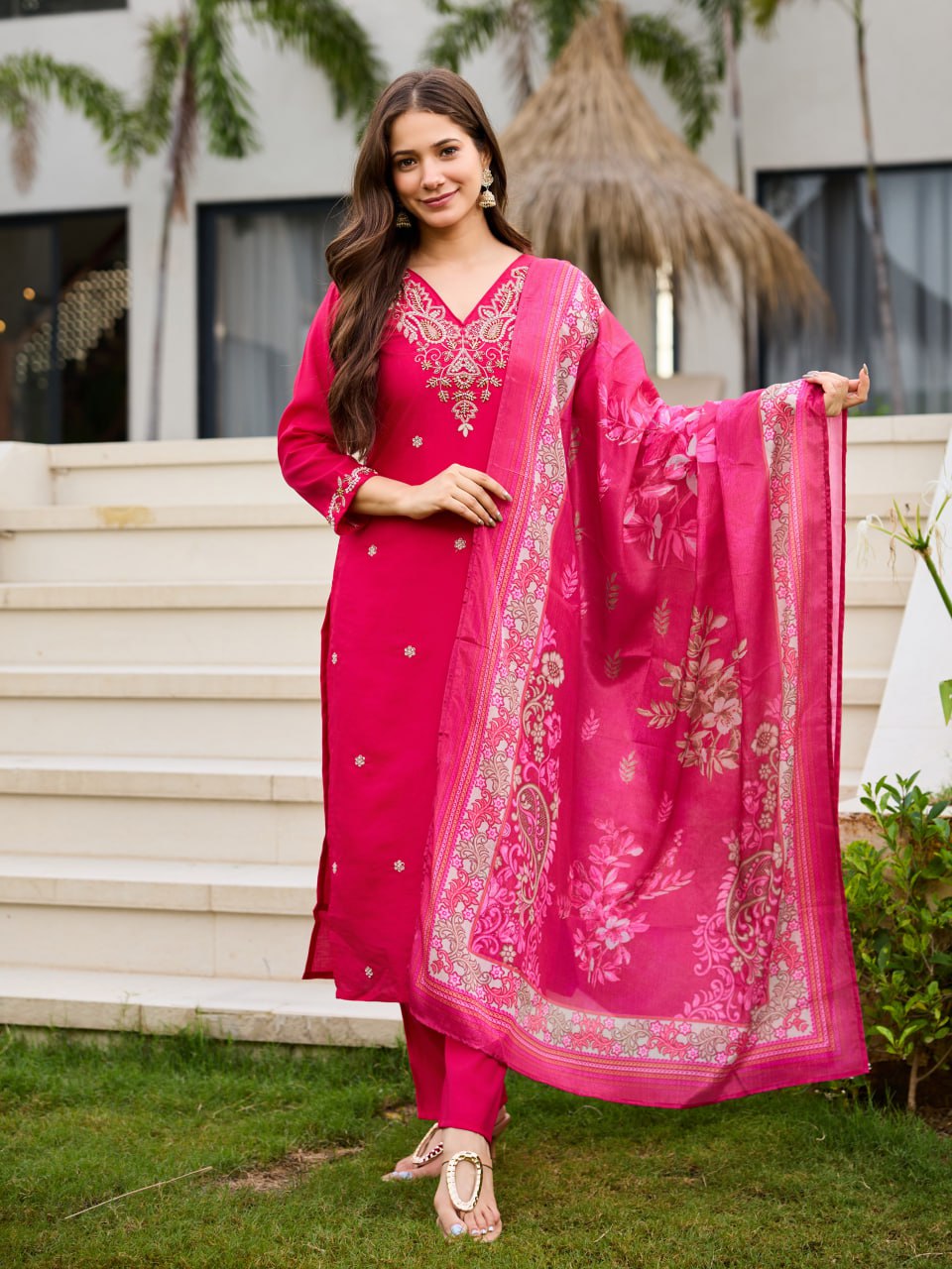 Rani Pink Embroidered Kurta Set with Floral Printed Dupatta