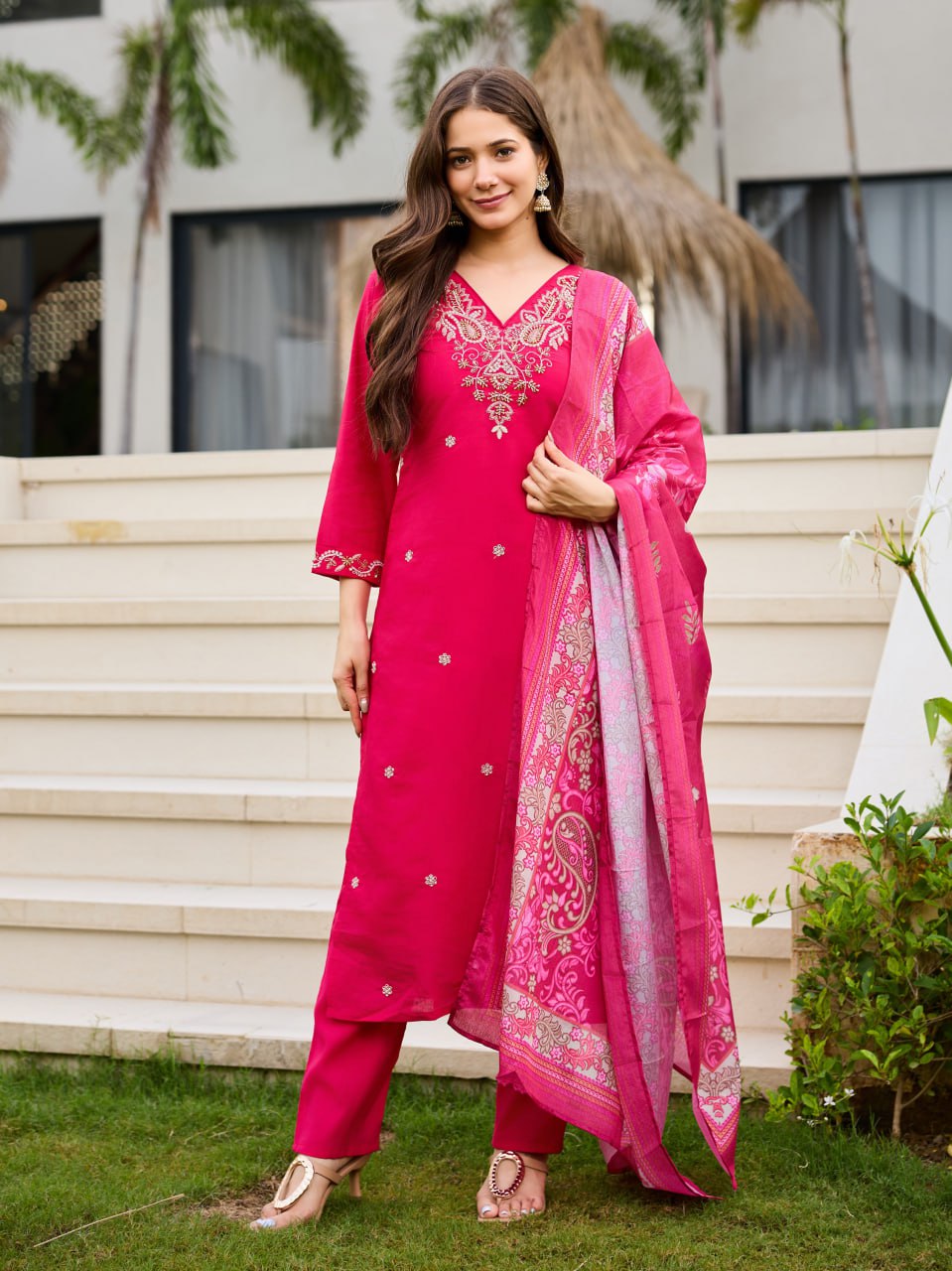Rani Pink Embroidered Kurta Set with Floral Printed Dupatta