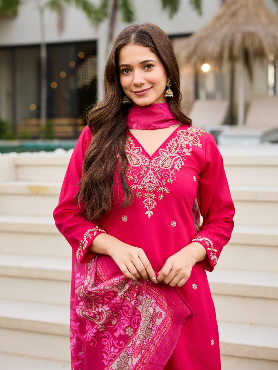 Rani Pink Embroidered Kurta Set with Floral Printed Dupatta