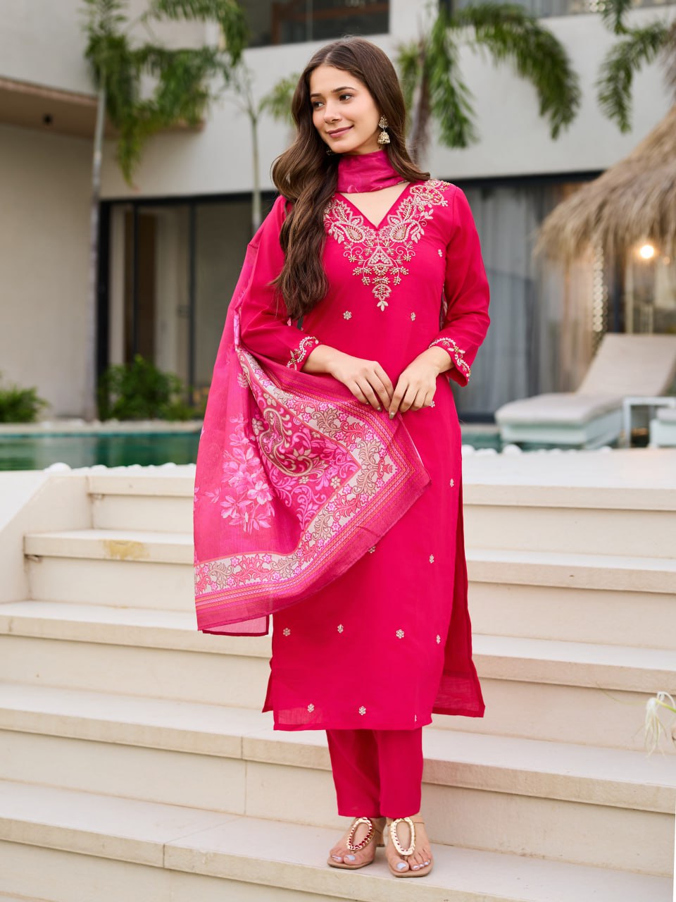 Rani Pink Embroidered Kurta Set with Floral Printed Dupatta