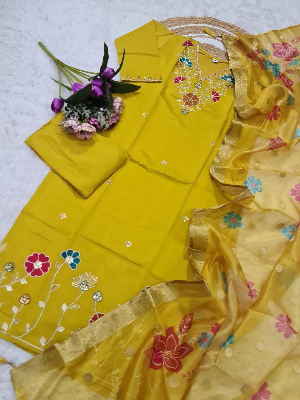 Yellow Aura Embroidered Festive Kurta Set with Dupatta