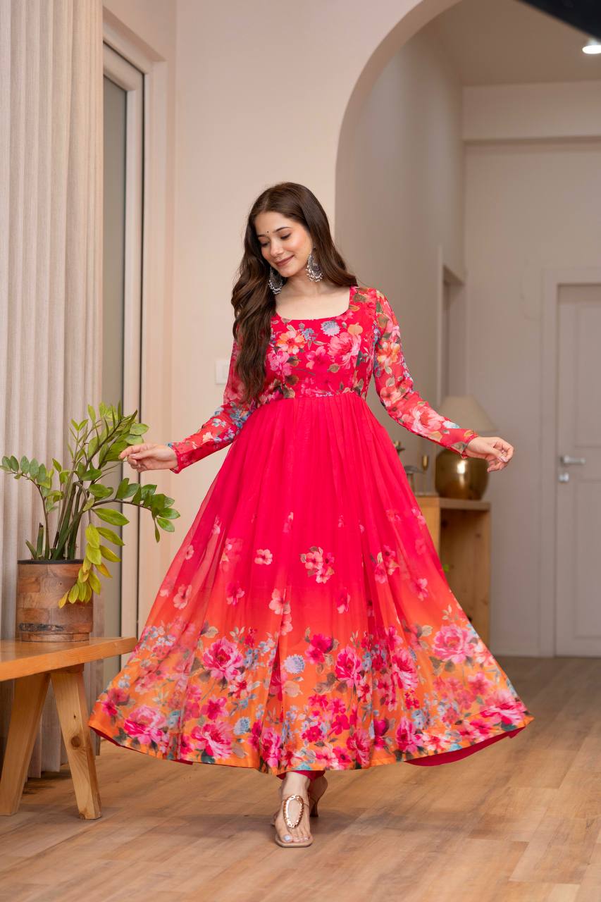 Elegant Floral Print Anarkali Gown with Dupatta – Premium Party Wear for Women
