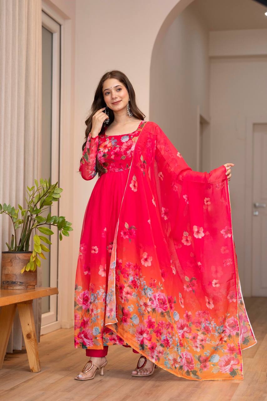Elegant Floral Print Anarkali Gown with Dupatta – Premium Party Wear for Women